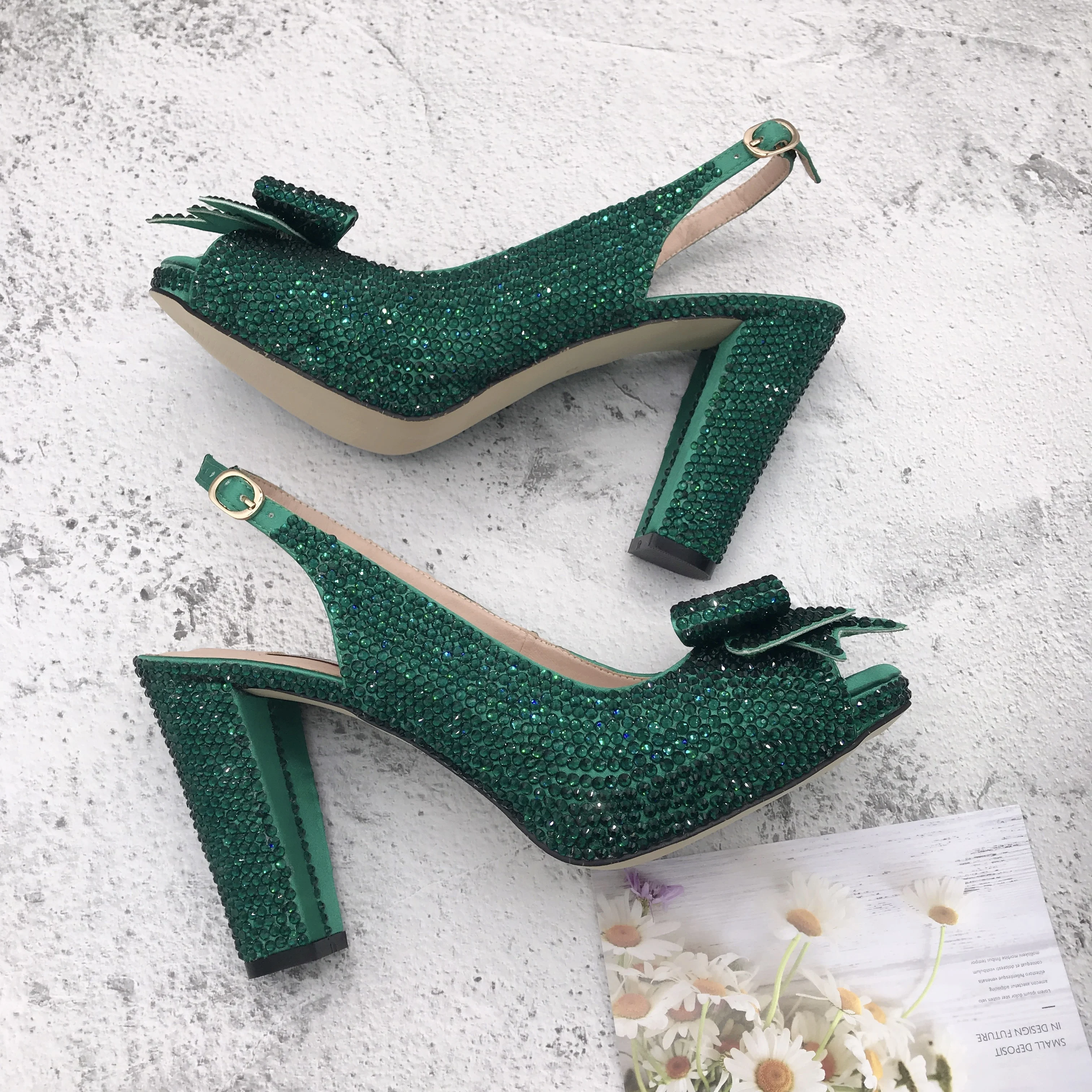 BS1233  Custom Made Women Shoes Dress Pumps  Bridal Wedding Shoes Dark Green Crystal Shoes With Matching Bag