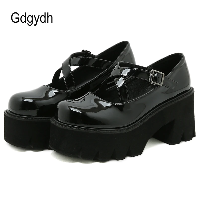 

Gdgydh Patent Leather Mary Jane Shoes Women Japanese Platform High-Heeled School College Shoes For Girls Cross Strap Buckle