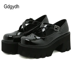 Gdgydh Patent Leather Mary Jane Shoes Women Japanese Platform High-Heeled School College Shoes For Girls Cross Strap Buckle