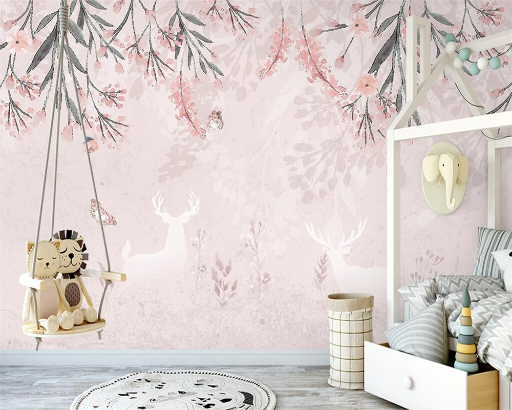 beibehang Customized modern nordic hand-painted cherry blossom elk butterfly indoor TV bedroom background wallpaper papier peint