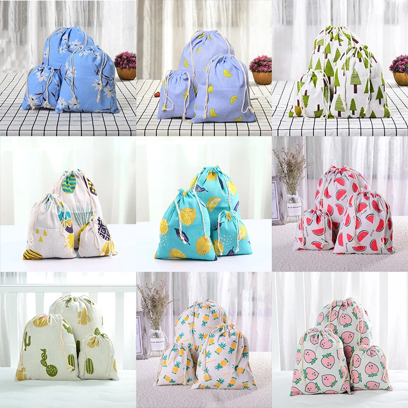 Leaves Banana Cat Dot Rawstring Cotton Linen Storage Bag Christmas Gift Jewelry Organizer Makeup Cosmetic Coins Keys Bags 49004