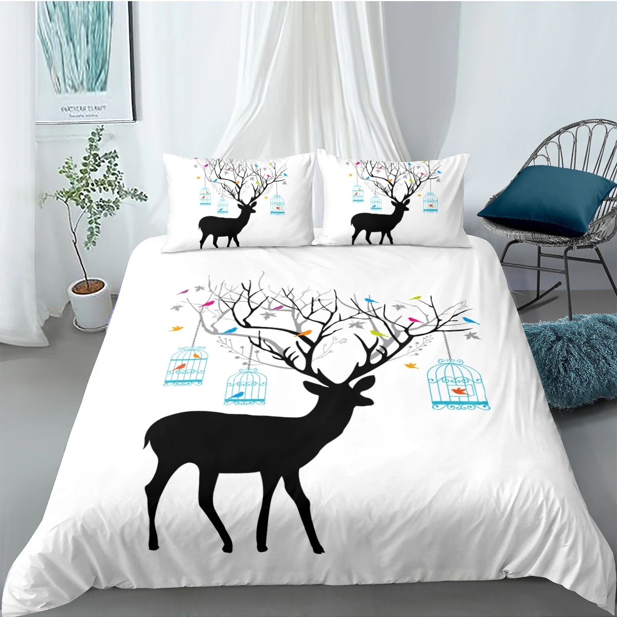 3D White Bed Linen Deer Duvet Cover Sets and Pillow Cases King Queen Super King Twin Full Size 140*210cm Animals Bedclothes