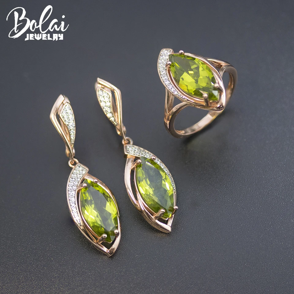 Bolai-conjuntos de joyas de peridoto Natural para mujer, pendientes de cierre de plata de ley 925, anillo MQ, joyería de piedras preciosas de 16x8mm, elegante, nuevo