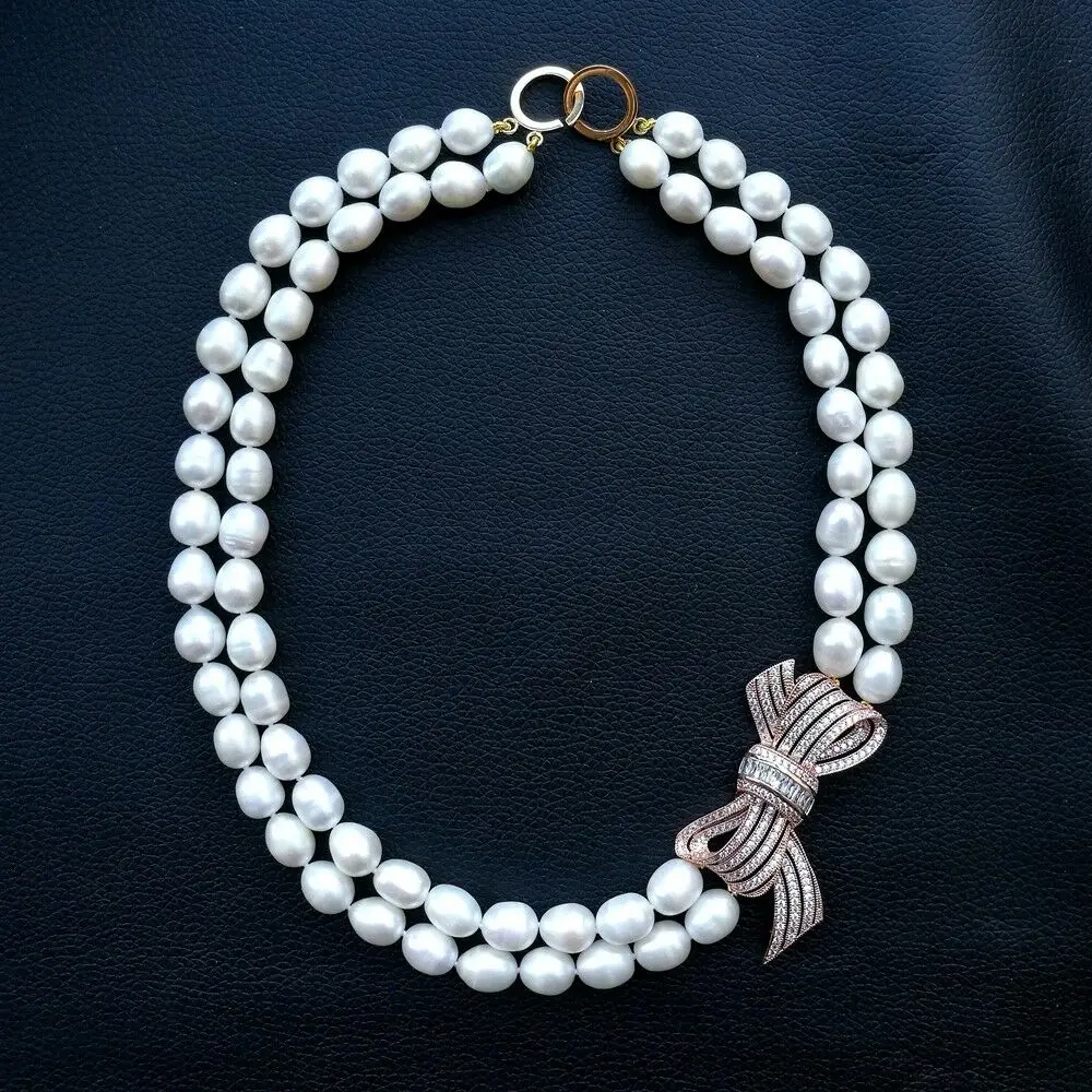 

3" 2 Strands White Rice freshwater Pearl CZ Pendant necklace