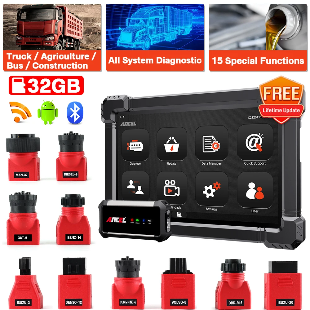 

Ancel X7 HD Heavy Duty Truck OBD2 Диагностические инструменты Полная система D.P.F Oil Gear SRS Rest Автомобильный сканер 2-летнее бесплатное обновление