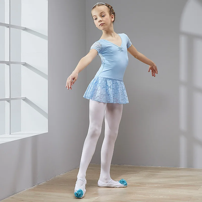 Abito da ballo a maniche corte per ragazze, abiti da ballo per balletto in pizzo di cotone, body per balletto per bambini, abito per Tutu, gonne da ballo per bambini, abito da balletto