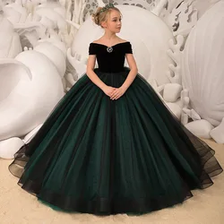 Kids Dresses Girl Elegant Long Prom Green Tulle Gowns 2024 New Children Graduation Dress Teen Wedding Bridesmaid Robe