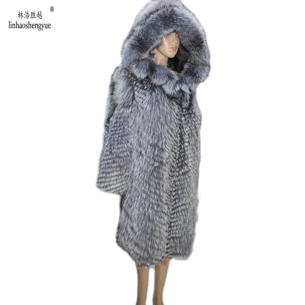 Linhaoshengyue Fashion Fur Coat  Real Fur Fox  Women Coat  with Hood Freeshipping,Natural Silver Fox