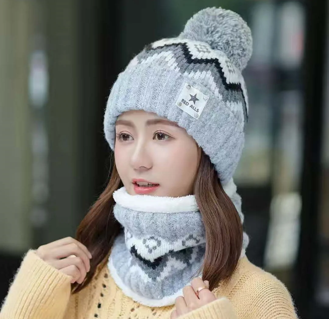 Autumn and winter hat women outdoor riding plus velvet scarf warm and windproof ear cap knitted woolen cap