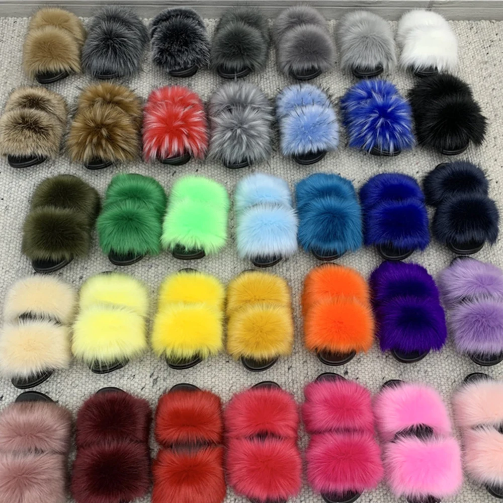 New Fluffy Faux Fur Slides Women Fur Slippers Furry Raccoon Sandals Faux Fox Fur Flip Flops Home Soft Woman Casual Plush Shoes