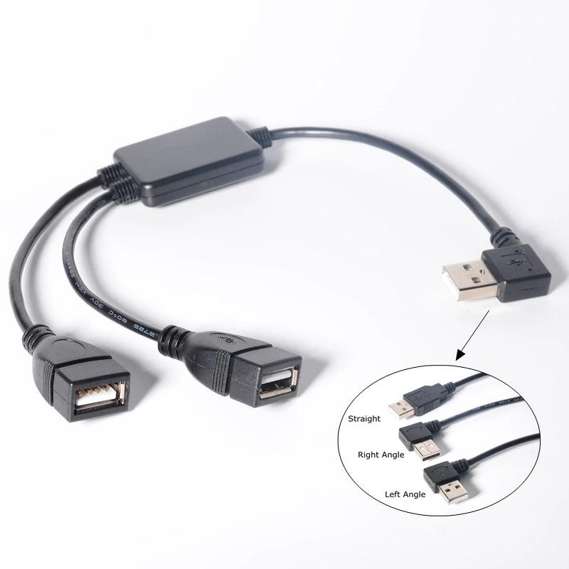 Right Left Angle USB 2.0 A 1 Male To 2 Dual Female USB Y Splitter Transfer Hub Power Cable Extension Cord Adapter For Hard Disks