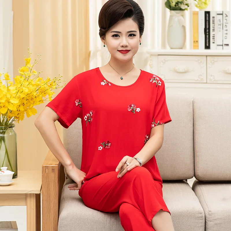 New Arrival Embroider Pajamas Set Middle-aged And Elderly Women Summer Cotton Nightwear Two-piece Suit Grandma Short Sleeve