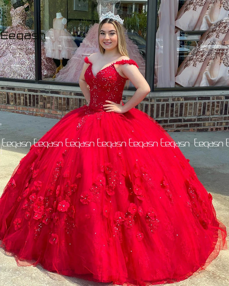 Prinzessin Rot Quinceanera Kleider Off Schulter V Neck 15 Party Ballkleid Kristall Blumen Geburtstag Kleider Süße 16 Debütantin