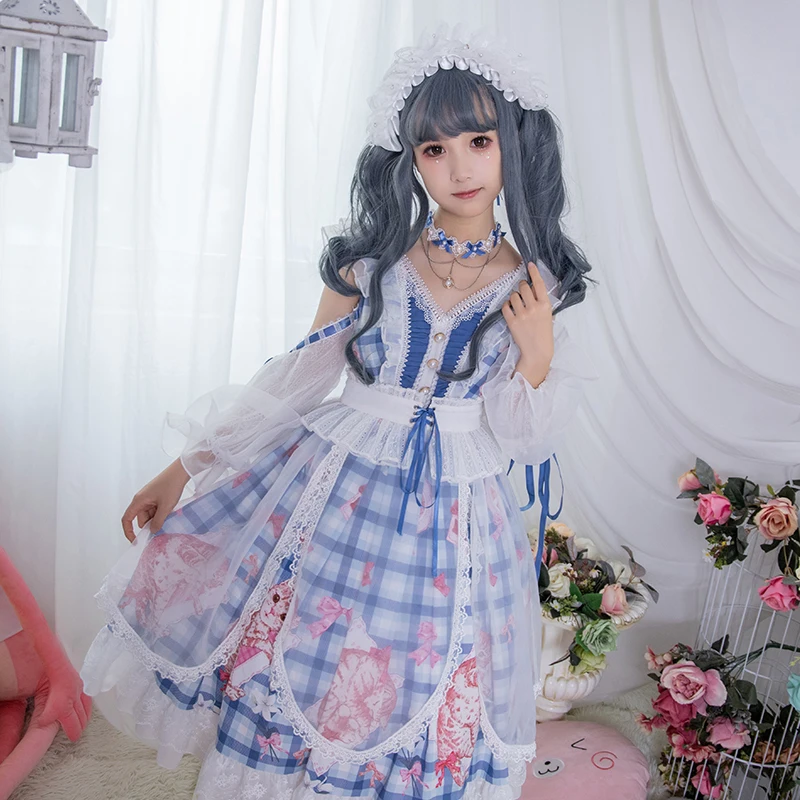 

Japanese sweet lolita dress vintage lace bowknot cute printing princess tea party victorian dress kawaii girl gothic lolita op