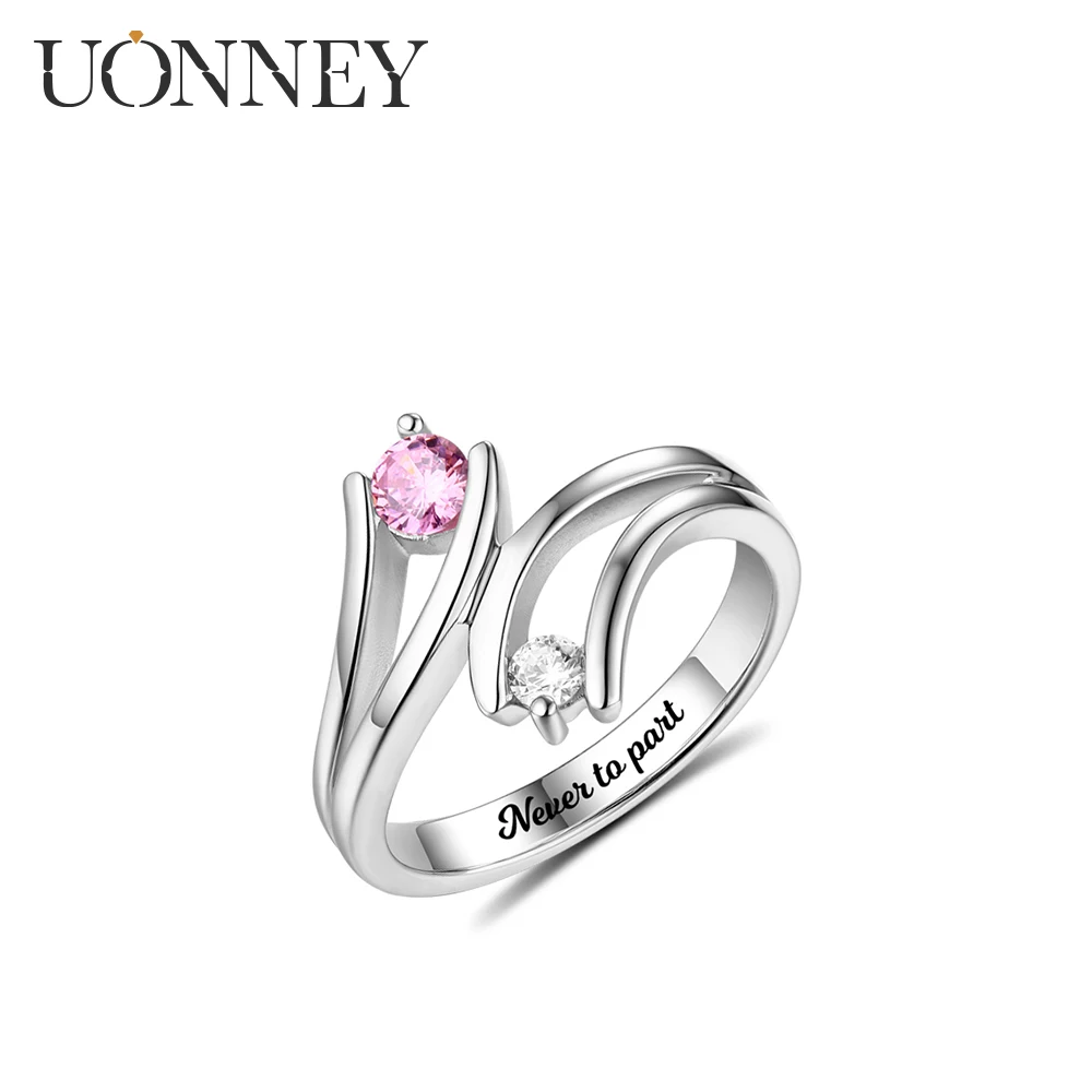 

UONNEY Dropshipping Double Birthstones Silver Ring Letters Engraving Dating Rings Wedding Bands Couple 2021 Trend for Lovers