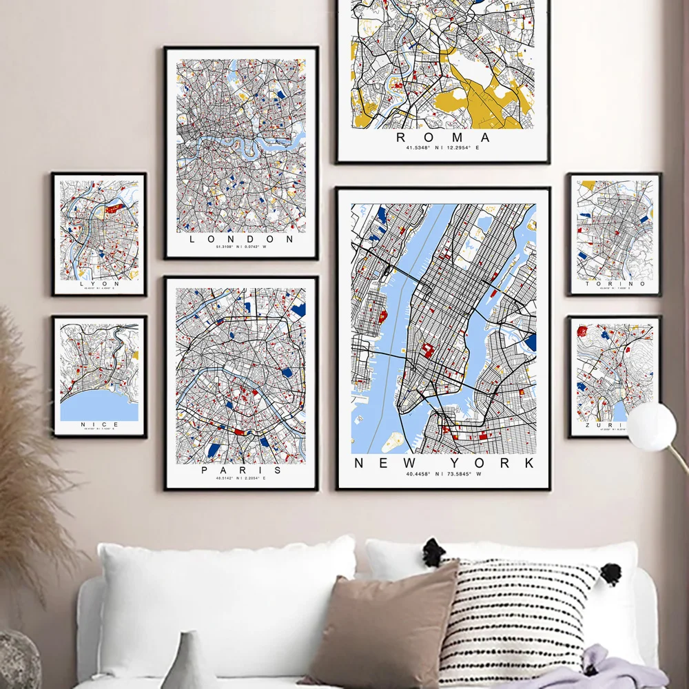 Colour World City Map New York London Paris Madrid Wall Art Canvas Paintings Nordic Posters and Prints Pictures for Living Room