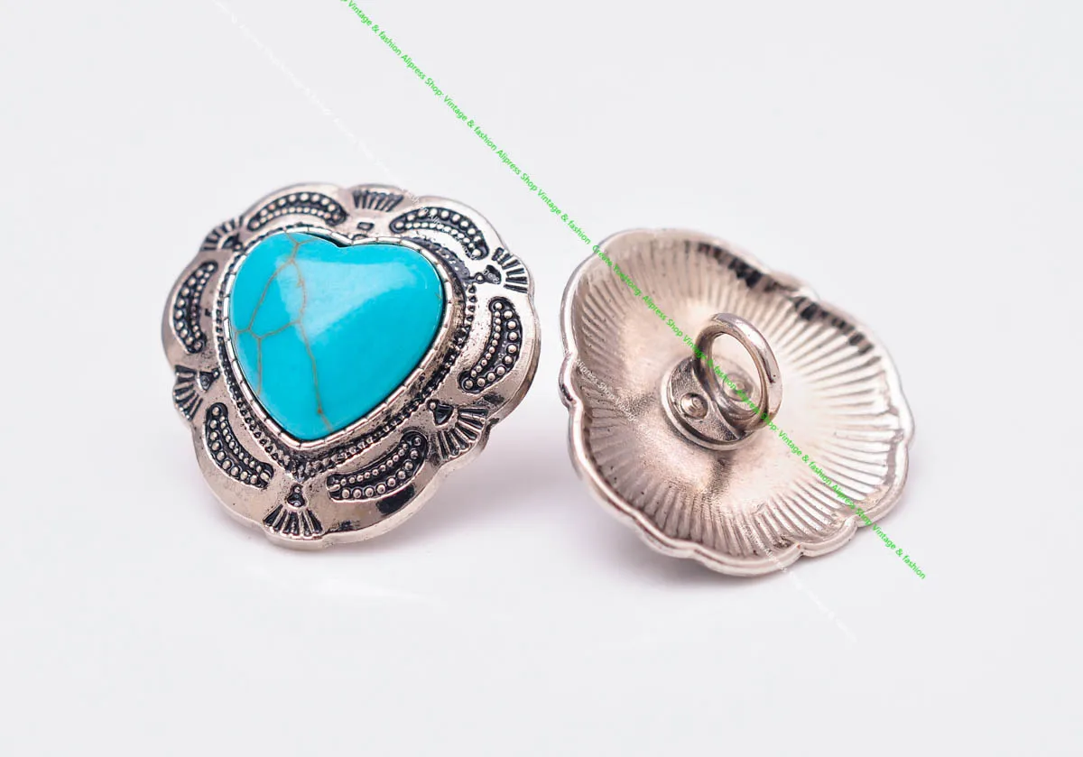 10X Silber Indische Blume Kunst Echt Grün Liebe Herz Türkis Leathercraft Haar Zubehör Nähen Schaft Taste Concho Verschluss – Detail 20