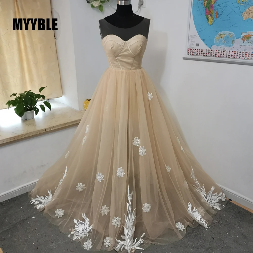 2021 MYYBLE Real Photo Fashion nowy szampan suknia elegancka panna młoda długie Scoop koronkowe suknie na bal maturalny z aplikacjami formalne suknie