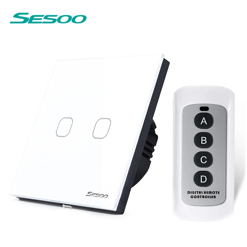 SESOO EU Standard Remote Control Switch ,2 Gang 1 Way,Crystal Glass Switch Panel,RF433 50/60HZ Wall Touch Switch+LED Indicator