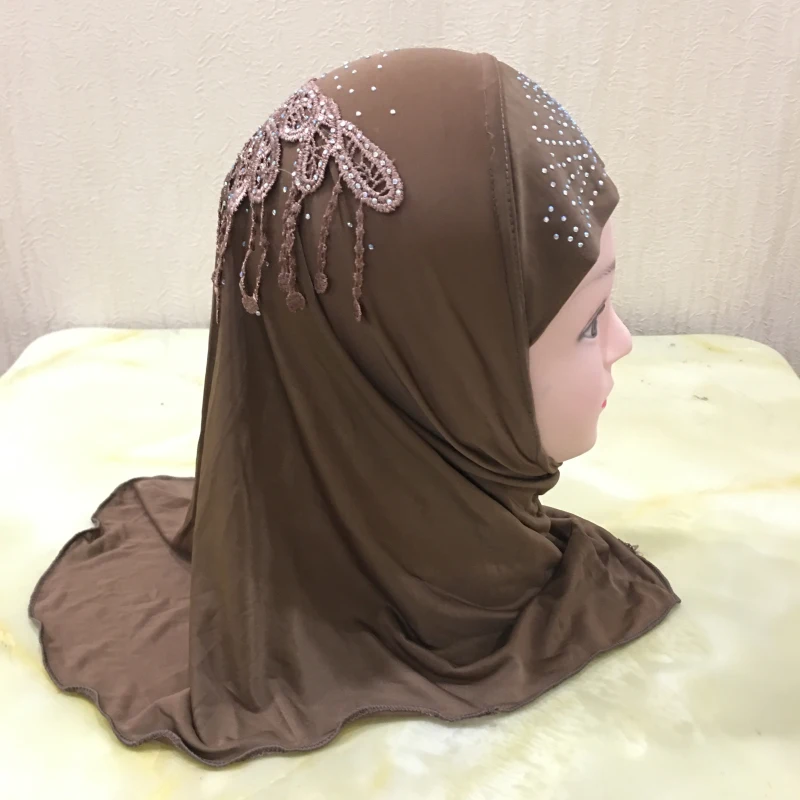 H142 fit 2-5 years old small girl hijab hats with lace muslim scarf islamic headscarf hat amira pull on headwrap