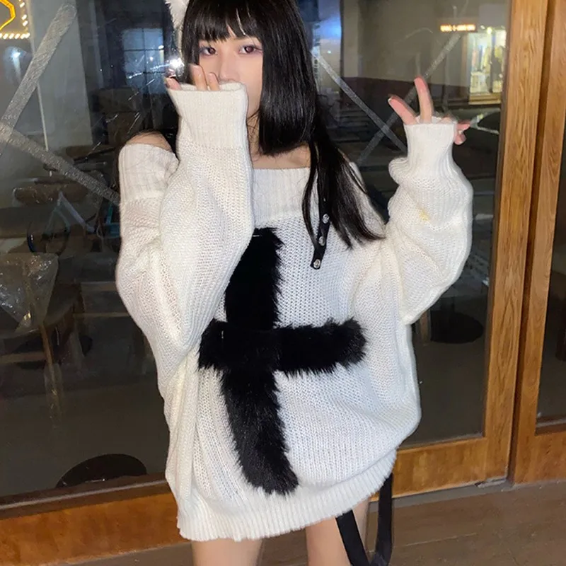 Karrcat Harajuku Gothic Knitted Sweaters Punk Girls Cross Off Shoulder Loose Sweater Outwear Autumn Winter Streetwear Emo Grunge