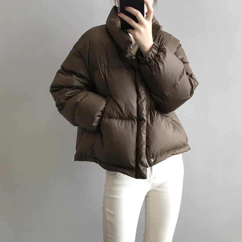 Chaqueta corta holgada de plumón de pato para mujer, abrigo informal cálido de color blanco grueso con cremallera y cuello alto, combina con todo, novedad de invierno de 2021