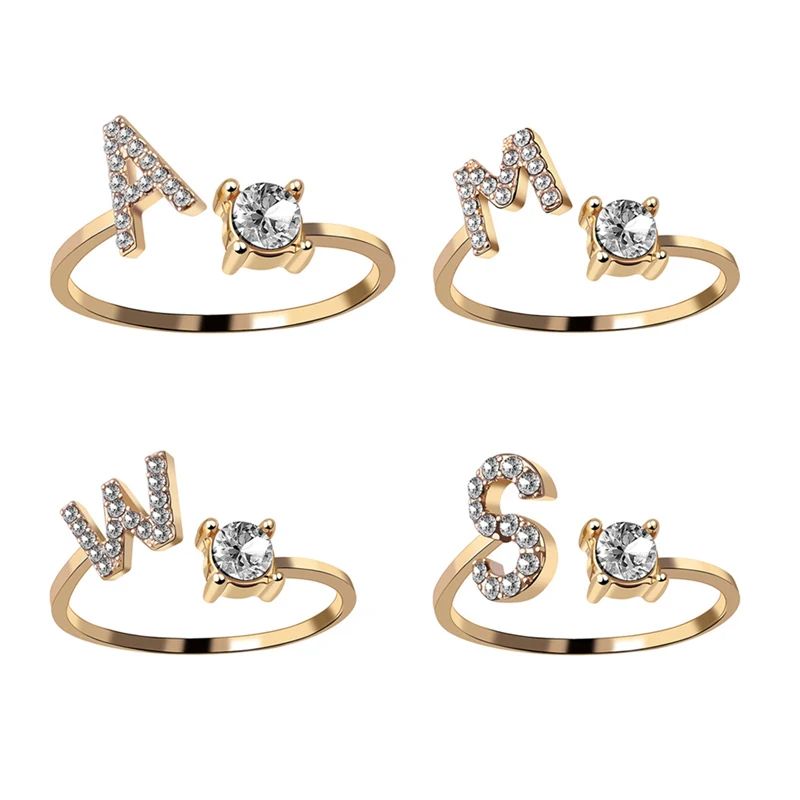 Fashion 26 Letter Initial Open Rings For Women Zircon Gold Color Trendy Alphabet Finger Cuff Adjustable Ring Girl Lovers Jewelry