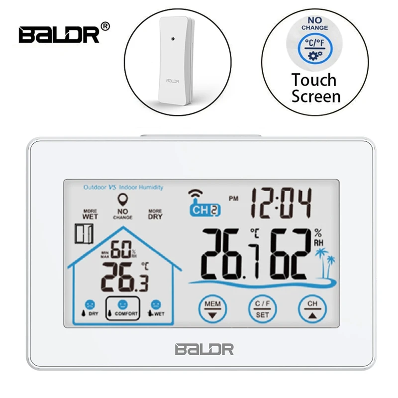 Baldr Weather Station Touch Screen In/Outdoor Thermometer Hygrometer Forecast Calendar Comfort Indicator Wireless Remote Sensor