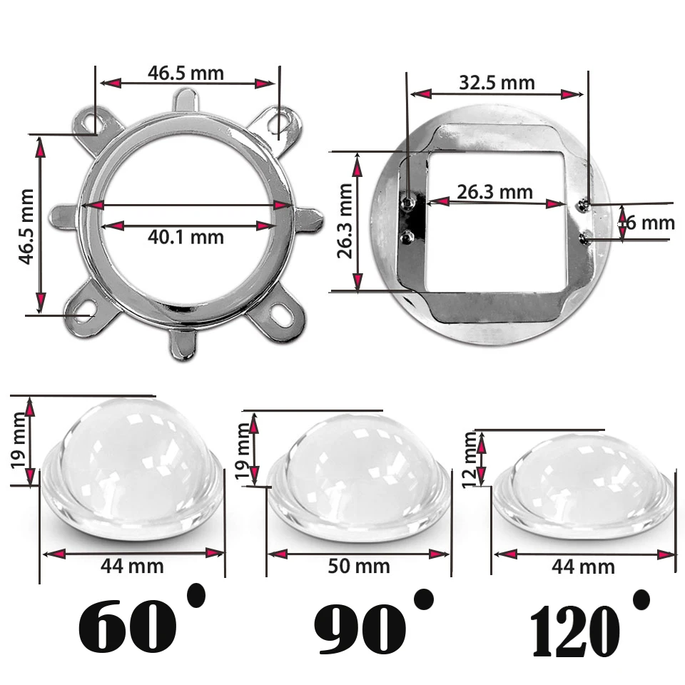 60 90 120 Degree 44mm LED Optical Glass Lens + Collimator Reflector + Fixed Bracket for High Power COB Chip 20W 30W 50W 100W