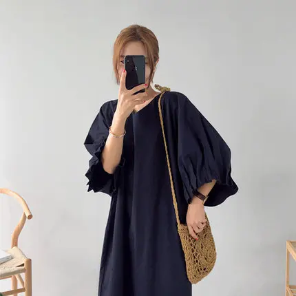 Summer New Korean Style Loose Pink Dress Sweet Large Size Fairy Round Neck Batwing Sleeve mid calf Length Dress