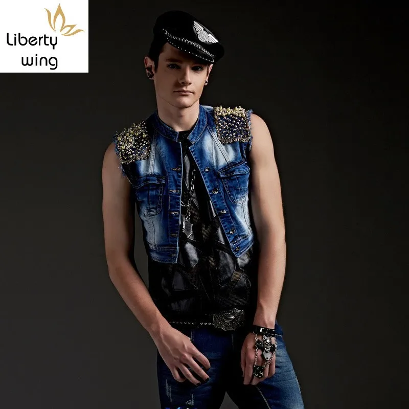 

Punk Rock Embroidered Flares Rivet Mens Short Denim Waistcoats Harajuka Slim Fit Stand Collar Sleeveless Male Costumes Vests