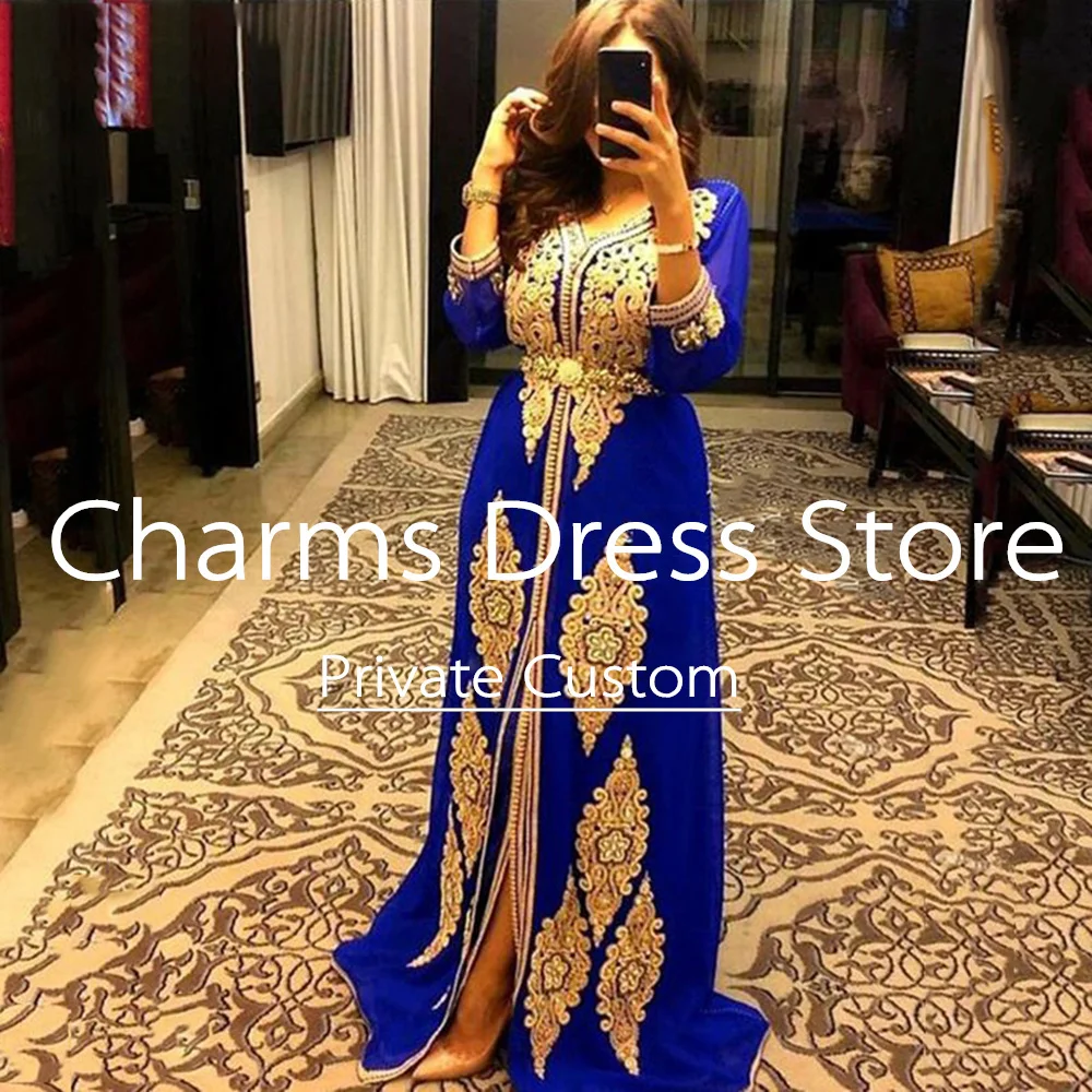 Royal Blue Moroccan Kaftan Evening Dresses Gold Lace Appliques Formal Prom Dress Dubai Beaded A-Line Party Gowns for Weddings