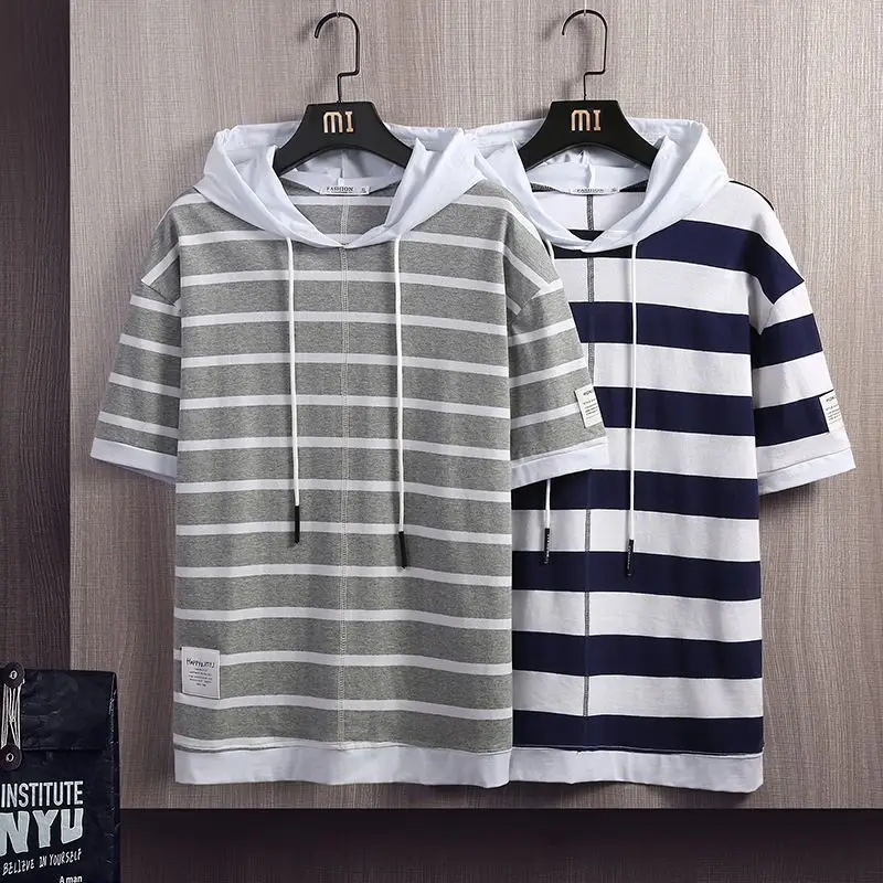 Mens Casual Striped T-shirts Summer New Male Oversized Short Sleeve Tops Tees Harajuku Men Hooded T Shirt Hip Hop Streetwear