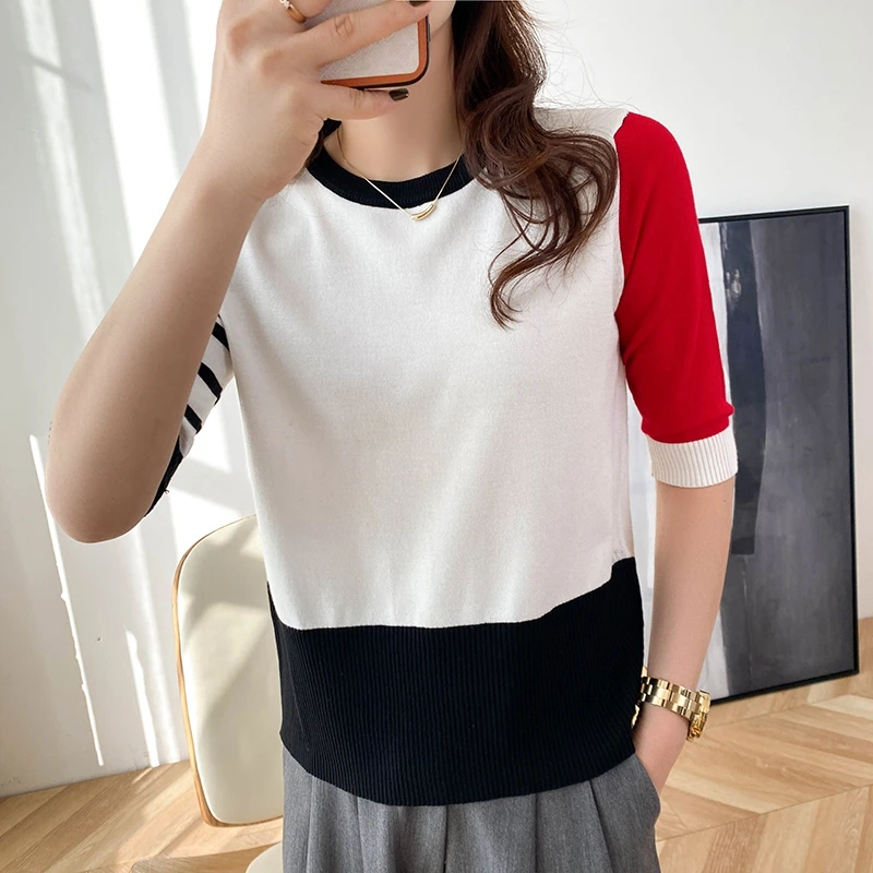 Short-sleeved  new women\'s summer trend design sense knitted cotton four-grid T-shirt top trendy loose