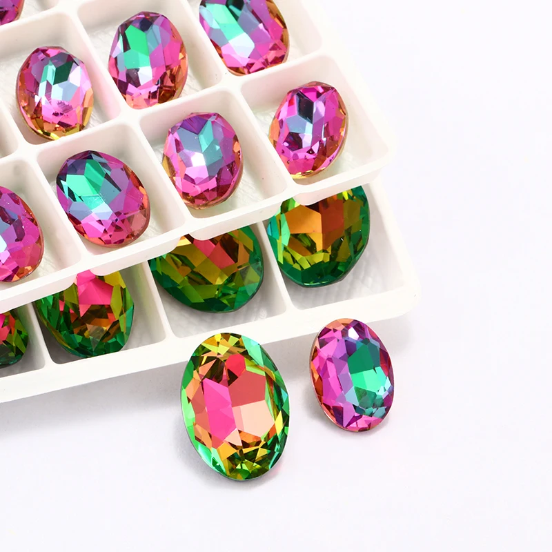 XIAOPU Oval Piontback Loose Rhinestones K9 Glass Colorful Shimmer Fadeproof Strass Crystal Glue on Clothes Jewelry Accessories