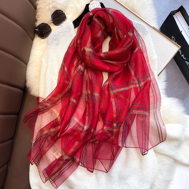 

Luxury Silk Blend Scarf Plus Size Foulard Plaid Muslim Hijab Thin Echarpes Glitter Shawl Wrap for Women Mujer Bufanda Cape