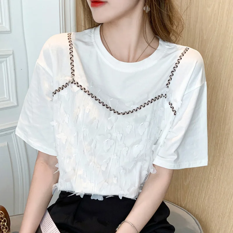 2022 Womens Summer New Elegant T-Shirts Office Lady O-Neck Loose Short Sleeve Pullover Fashion Casual Blouse Korean Style