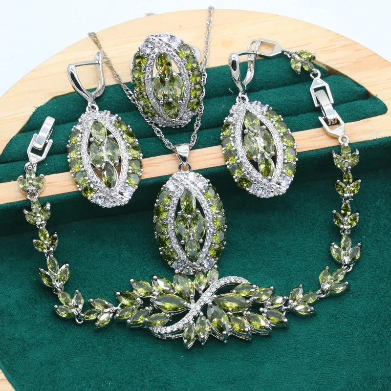 Olive Green Stone Silver Color Jewelry Set for Women Wedding 4 Colors Bracelet Earrings Necklace Pendant Ring Birhday Gift