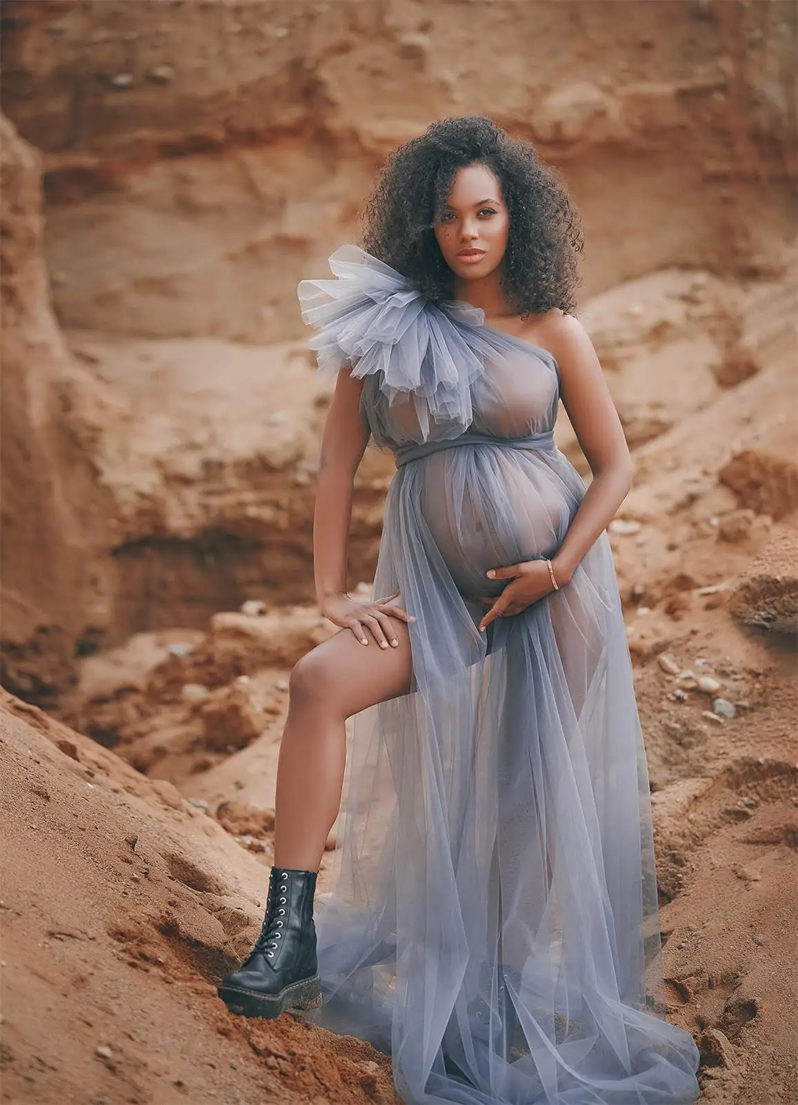 

Grey Maternity Dresses One Shoulder Maternity Gown for Photoshoot Boudoir Lingerie Tulle Robe Bathrobe Nightwear Babydoll Robe