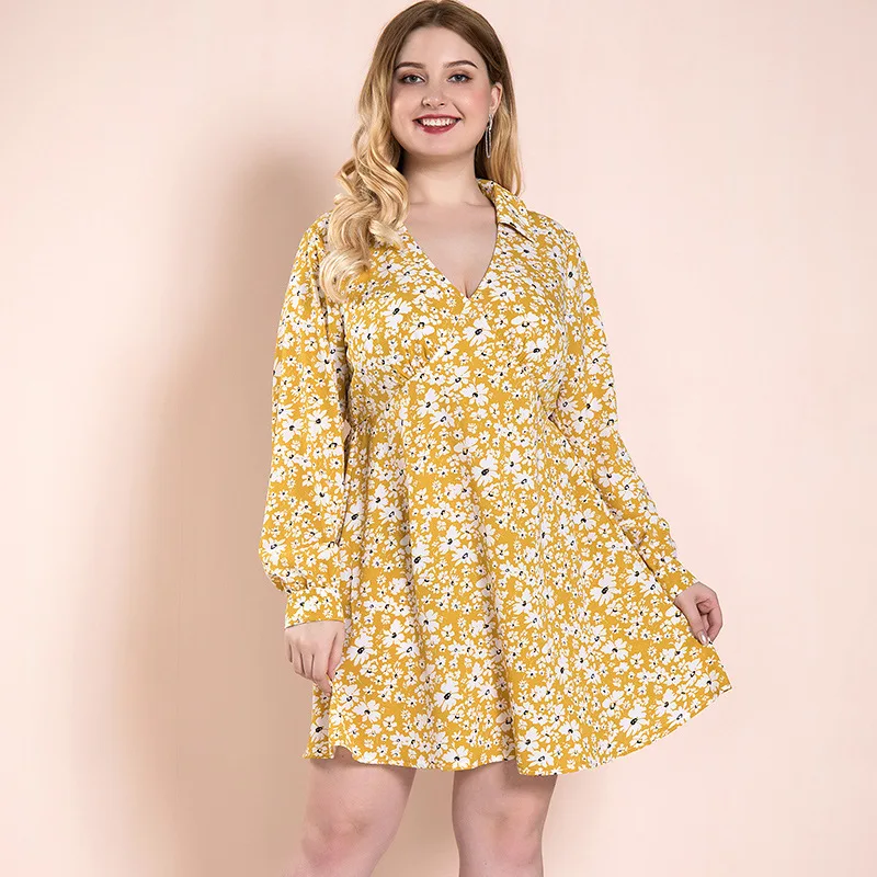 Nuovo 2021 primavera autunno plus size vestito per le donne grandi abiti larghi casual a maniche lunghe con scollo a v stampa floreale 3XL 4XL 5XL 6XL