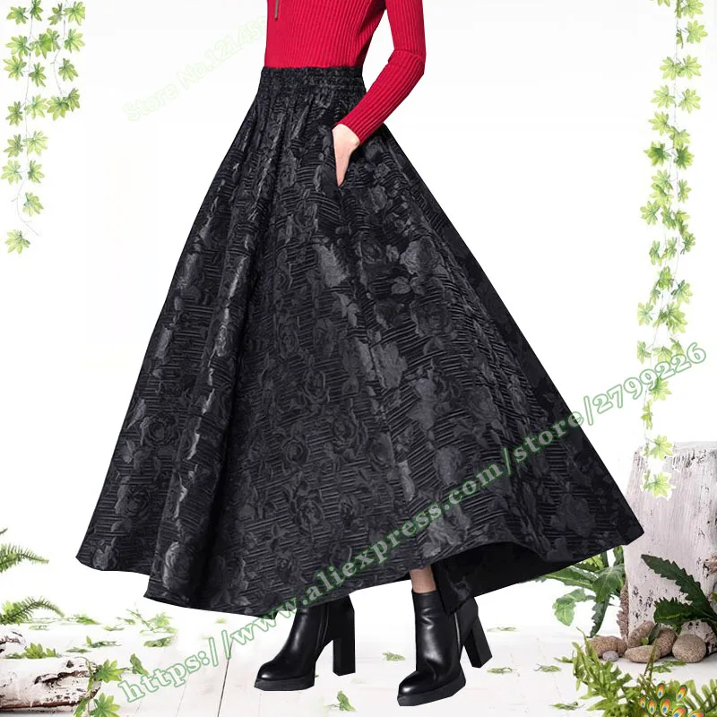 Female Plus Size Retro Autumn And Winter Fashion Black Jacquard Weave Floral Tutu  Sun Woman Long Maxi Ladies Skirt Womens