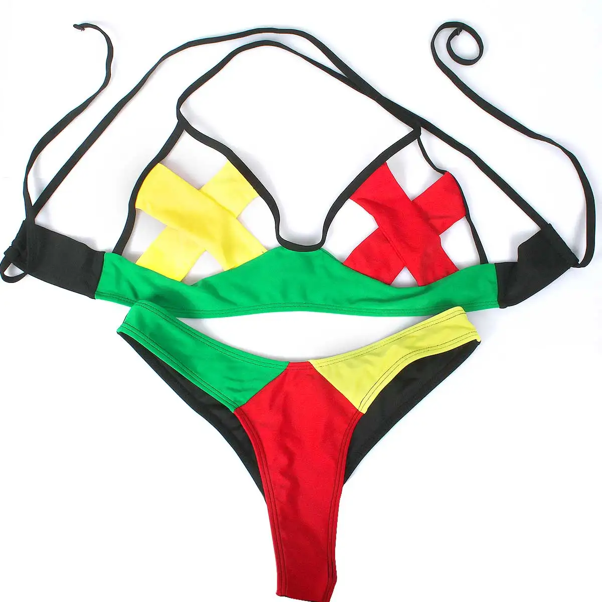 Women\'s Fashion Caribbean Jamaican Flag Rasta Cross Bikini Swimsuit Swimwear