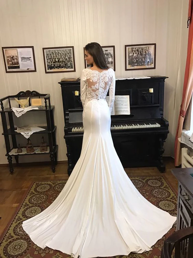 New Simple Mermaid Wedding Dresses Long Sleeve 2021 Bride Dress Button Lustrous Satin O-Neck Bridal Gowns vestidos de novia