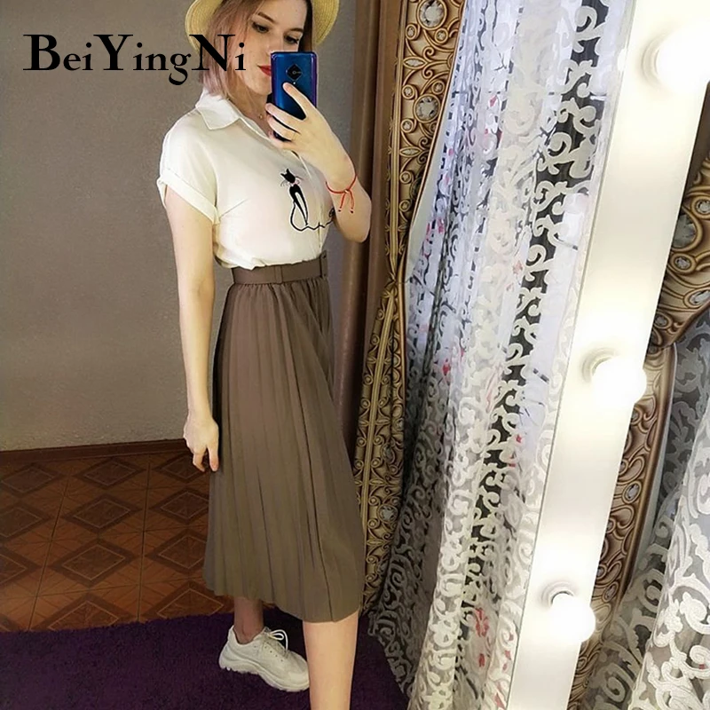 Beiyingni gonna donna a vita alta Casual Vintage Solid Belted gonne Midi pieghettate Lady 11 colori moda semplice Saia Mujer Faldas