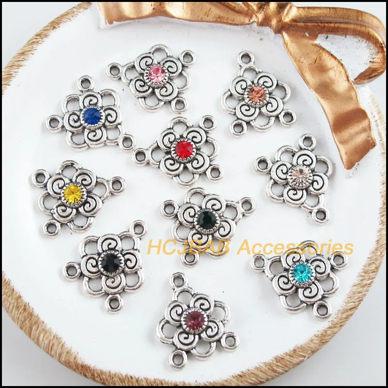 20 New Flower Charms Tibetan Silver Tone Retro Mixed Crystal Connectors 17x20.5mm