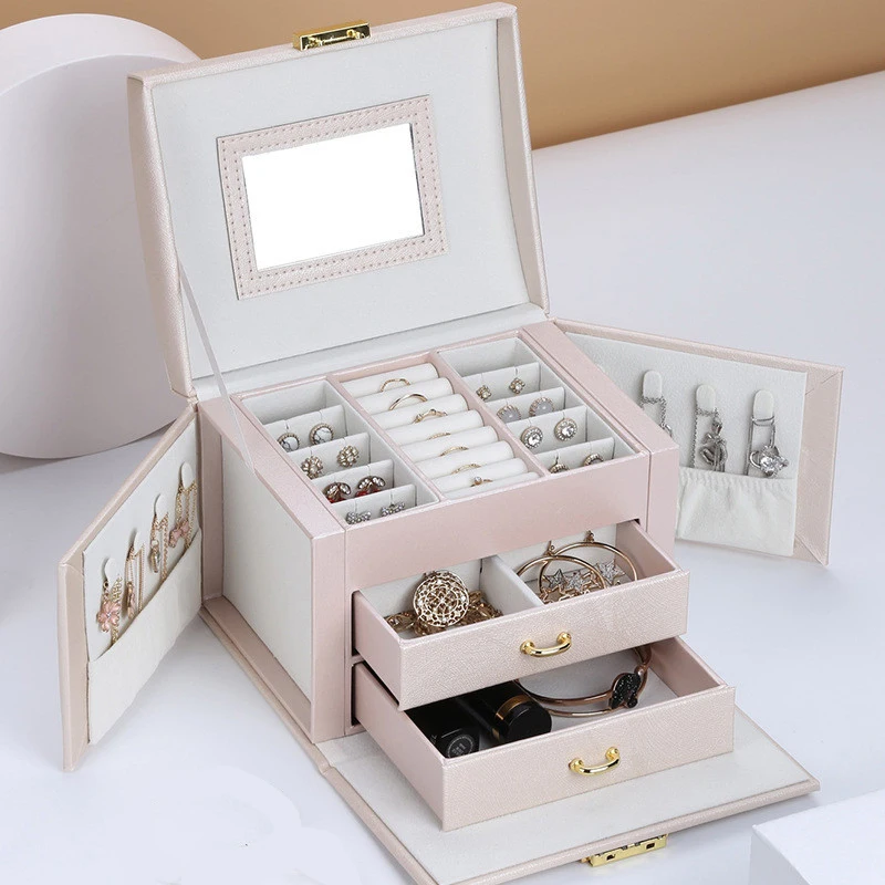 

Fashion Jewelry Storage Box Large Capacity Portable Lock With Mirror Jewelry Storage Earrings Necklace Ring Jewelry Display