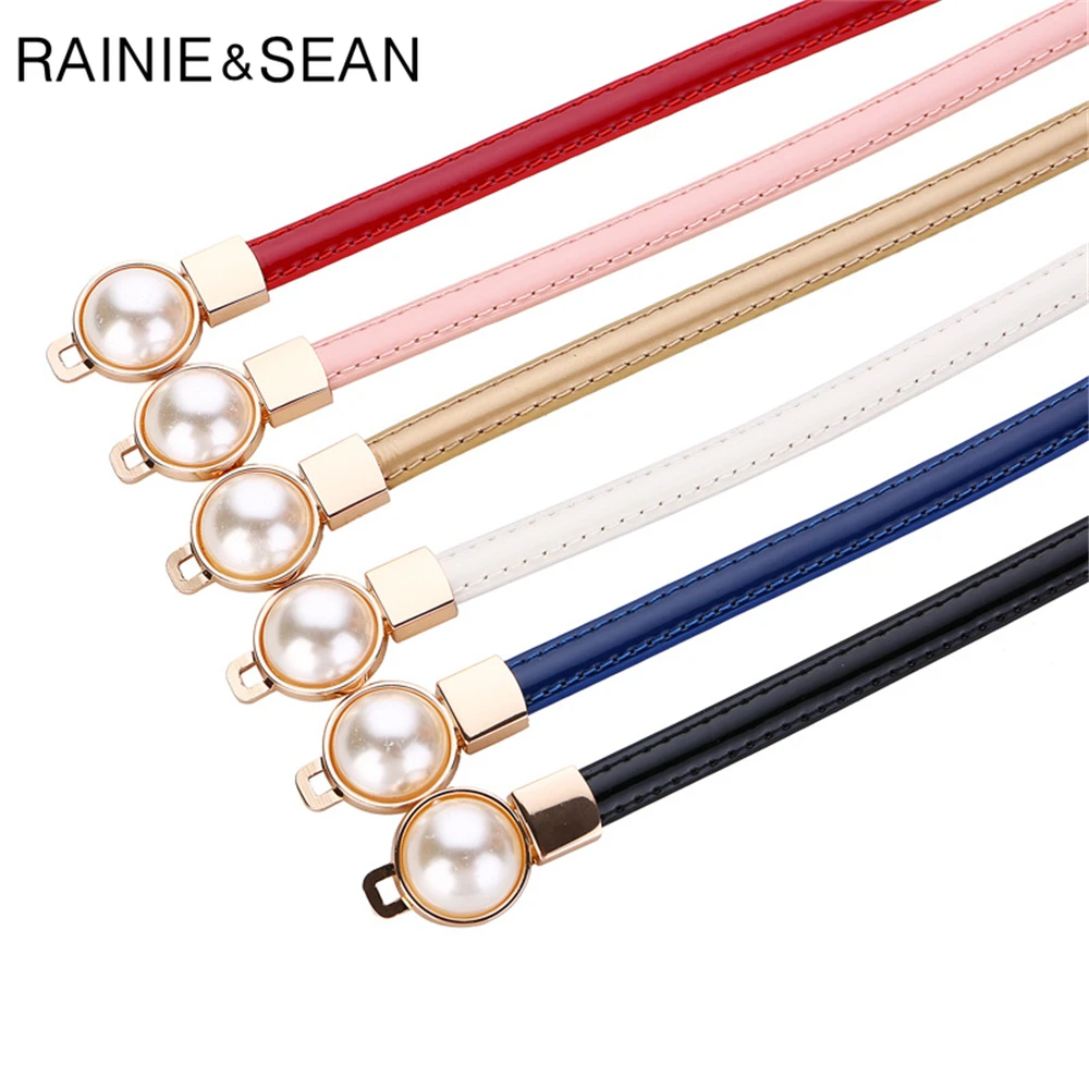 RAINIE SEAN Rosa Damen Gürtel für Kleider Echt Leder Dünne Frauen Gürtel Perle Schnalle Schwarz Rot Rosa Gold Marke Weibliche taille Gürtel