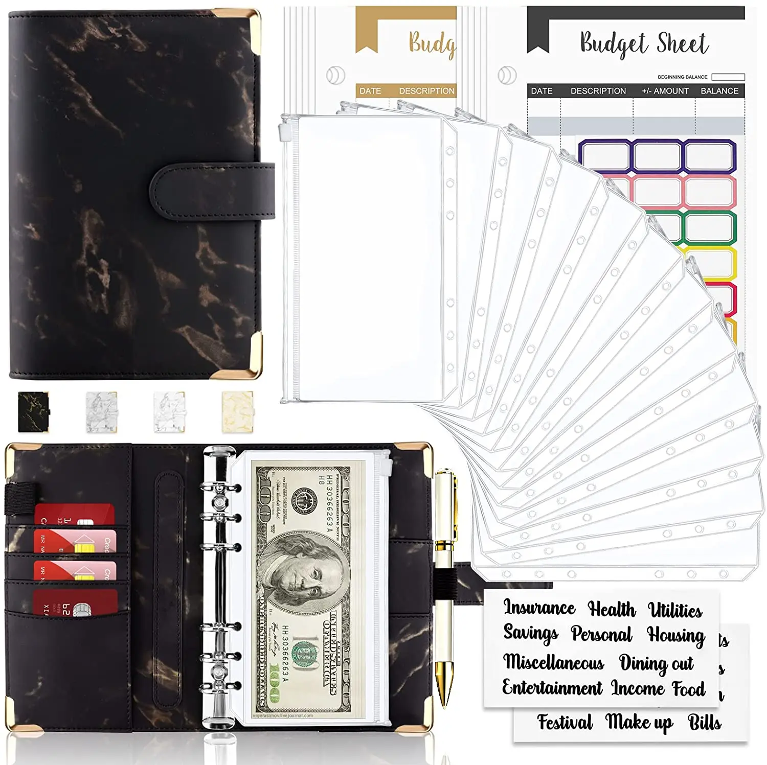 28Pcs Money Budget Planner Binder with Zipper Envelopes, Cash for Budgeting, Organizer for A6 Stationary Clipboard Personalized