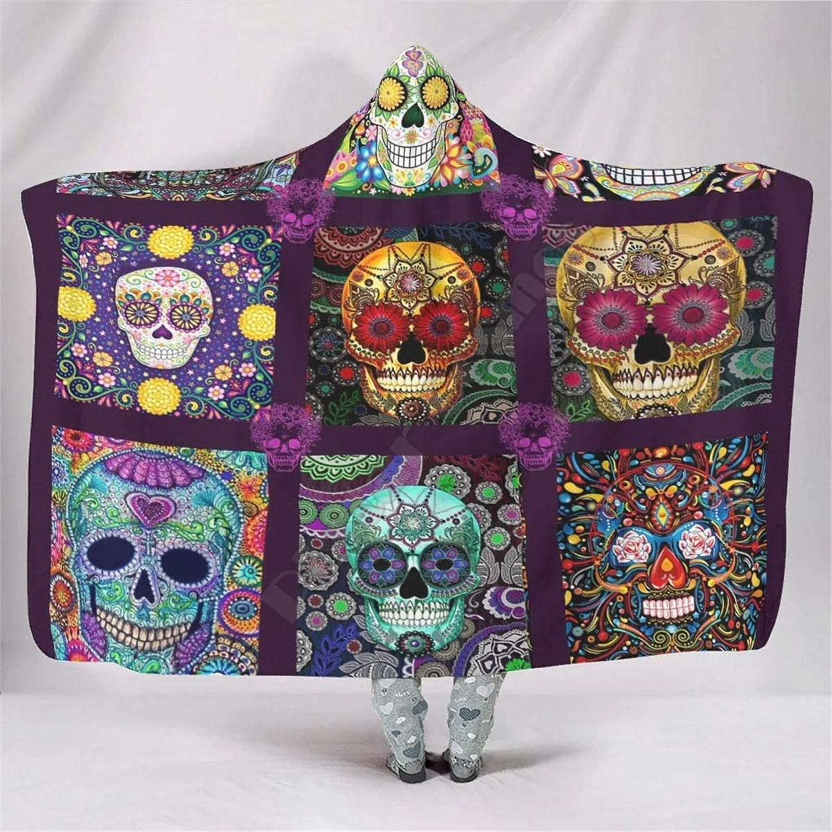 

Skull 3d printed Hooded Blanket Adult child Sherpa Fleece Wearable Blanket Microfiber Bedding Drop Shipping