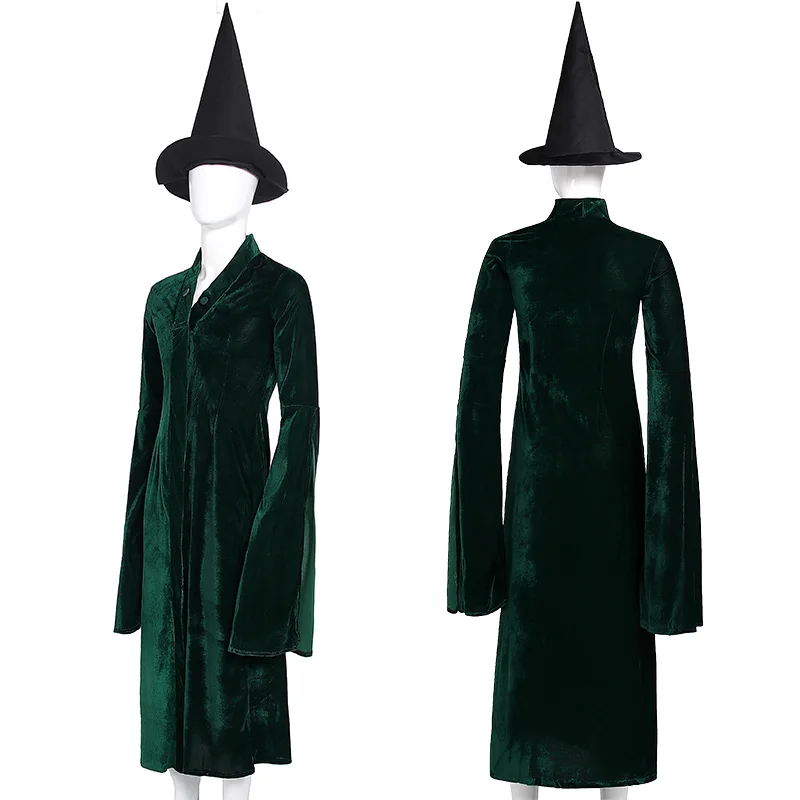 

New Arrival Professor Cosplay Costume Dress with Green Cape Velvet Cloak Hat Halloween Carnival